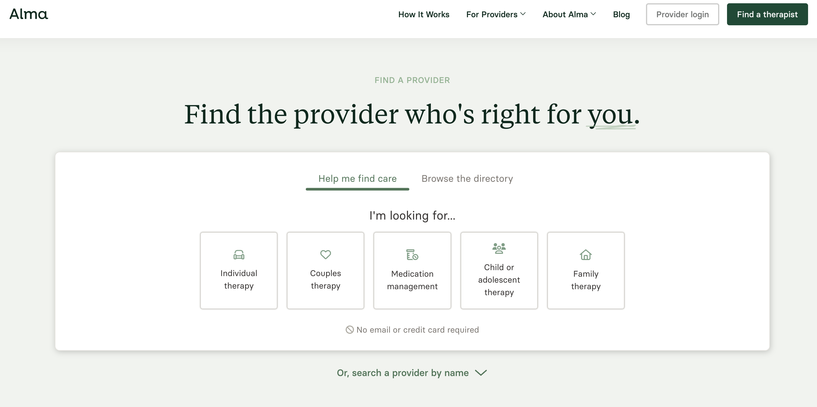Provider Directory Landing Page beginning from 
